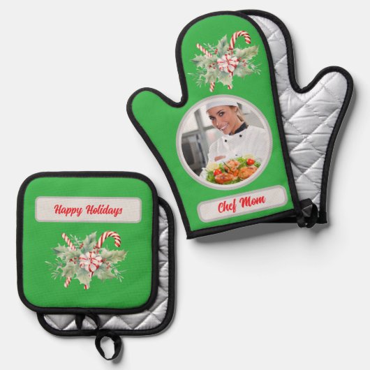 Candy Cane Gepersonaliseerde Chef Mam Foto Kerstmi Ovenwant & Pannenlap Set (Voorkant / Achterkant)