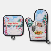 Candy Cane Gepersonaliseerde Chef Mam Foto Kerstmi Ovenwant & Pannenlap Set (Voorkant)