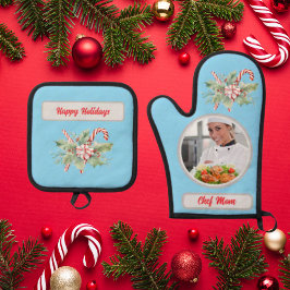 Candy Cane Gepersonaliseerde Chef Mam Foto Kerstmi Ovenwant & Pannenlap Set