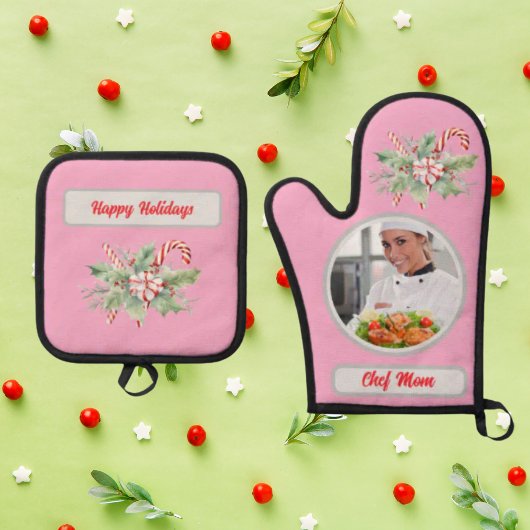 Candy Cane Gepersonaliseerde Chef Mam Foto Kerstmi Ovenwant & Pannenlap Set