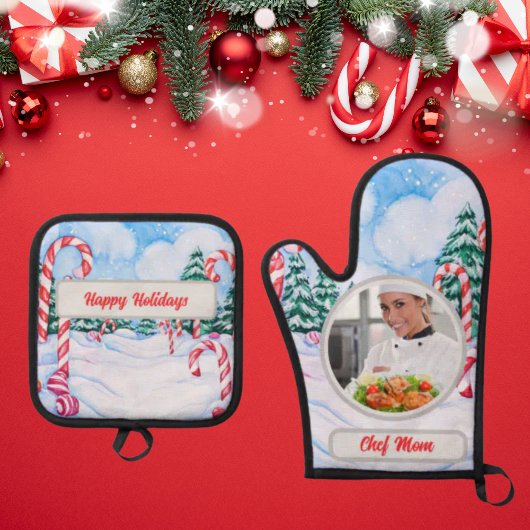 Candy Cane Gepersonaliseerde Chef Mam Foto Kerstmi Ovenwant & Pannenlap Set