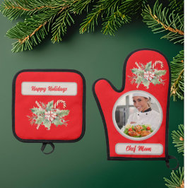 Candy Cane Gepersonaliseerde Chef Mam Foto Kerstmi Ovenwant & Pannenlap Set