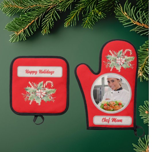 Candy Cane Gepersonaliseerde Chef Mam Foto Kerstmi Ovenwant & Pannenlap Set