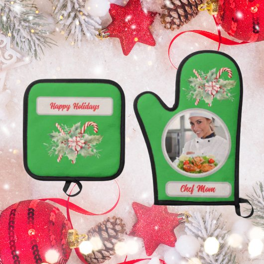 Candy Cane Gepersonaliseerde Chef Mam Foto Kerstmi Ovenwant & Pannenlap Set
