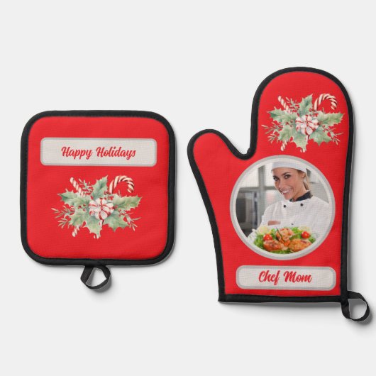 Candy Cane Gepersonaliseerde Chef Mam Foto Kerstmi Ovenwant & Pannenlap Set (Voorkant)