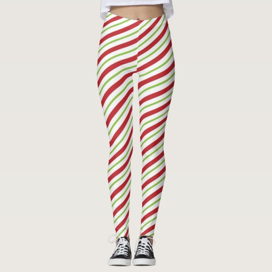 Candy Cane Gestreepte Kerst Rood en Groen Leggings (Voorkant)
