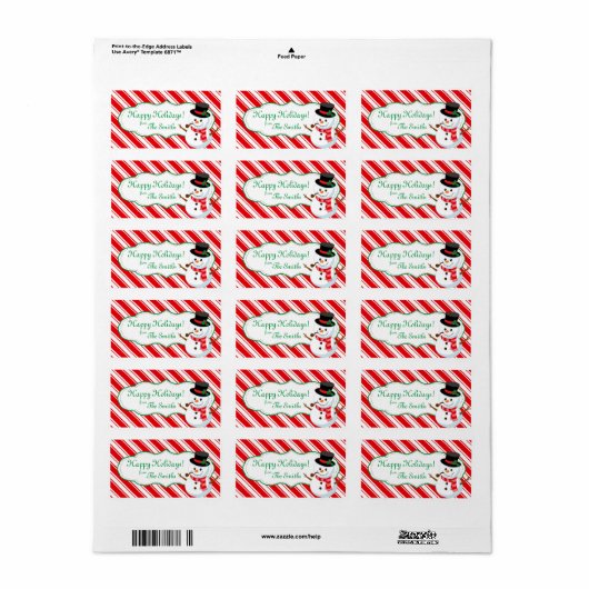 Candy Cane Gestreepte Sneeuwman Gift Label (Full Sheet)
