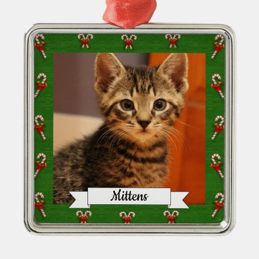 Candy Cane Green Lijst Kat Metalen Ornament (Voorkant)