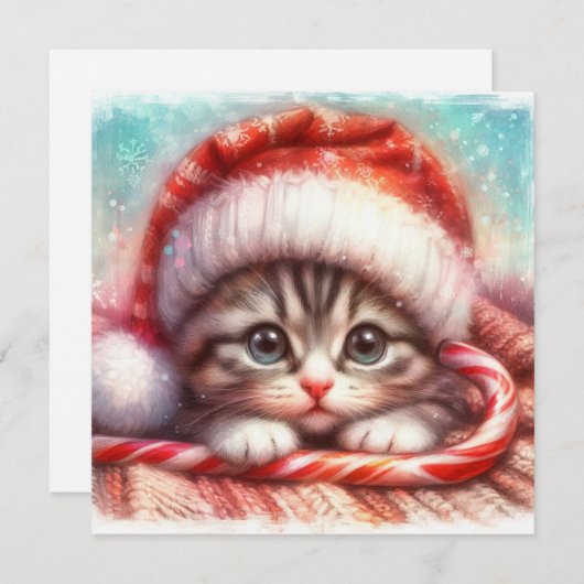 Candy Cane Grey Kitten Kerst Kaart (Voorkant / Achterkant)