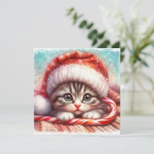 Candy Cane Grey Kitten Kerst Kaart (Staand voorkant)