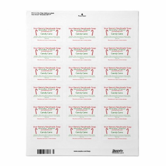 Candy Cane Handgemaakte Kerstzeep Labels Sjabloon (Full Sheet)