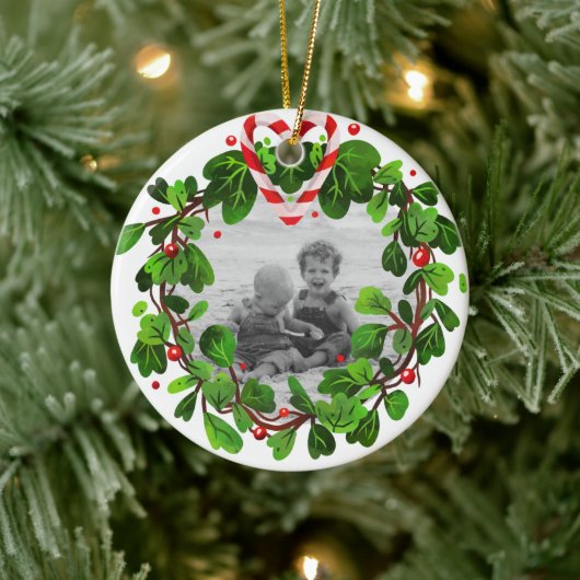Candy Cane hart krans foto Vrolijk kerstjaar Keramisch Ornament (Boom)