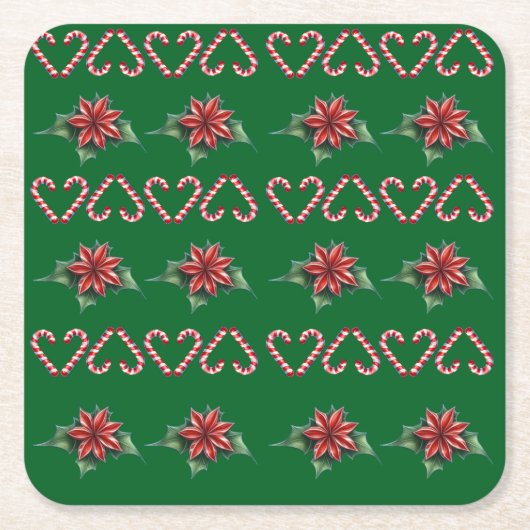 Candy Cane Heart and Holly Pattern – Festive Chris Kartonnen Onderzetters (Voorkant)