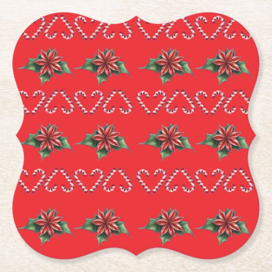 Candy Cane Heart and Holly Pattern – Festive Chris Kartonnen Onderzetters (Voorkant)