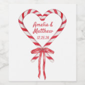 Candy Cane Heart & Bow | Aangepaste kerstbruiloft Wijn Etiket (Enkel label)