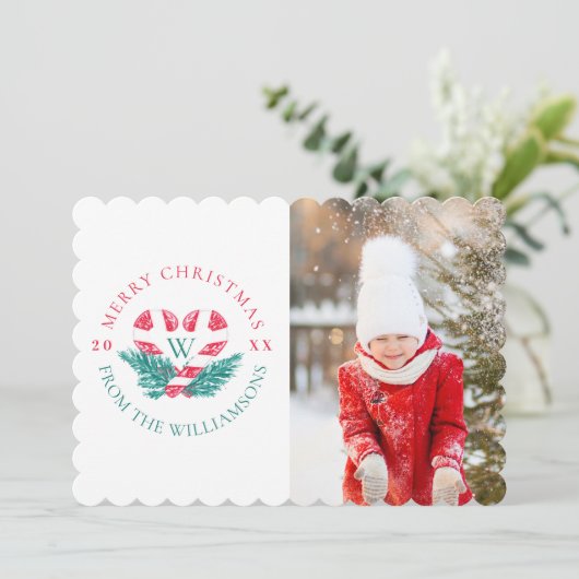 Candy Cane Heart Green Pine Kerstmis Foto Feestdagenkaart (Staand voorkant)