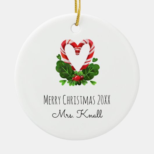 Candy Cane Heart Merry Kerstyear-leerlingennaam Keramisch Ornament (Voorkant)