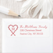 Candy Cane Heart Monogram Kerst Retour Adres Etiket (Insitu)