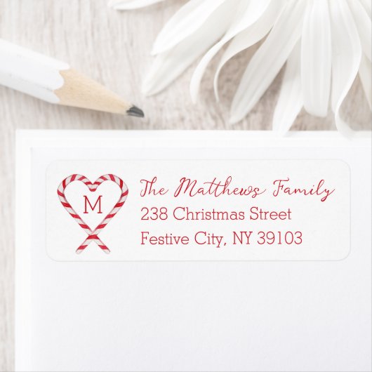 Candy Cane Heart Monogram Kerst Retour Adres Etiket (Insitu)