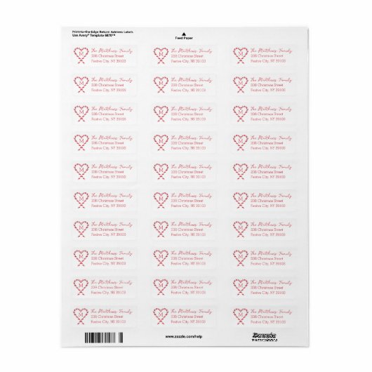 Candy Cane Heart Monogram Kerst Retour Adres Etiket (Full Sheet)