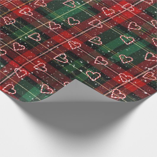 Candy Cane Hearts and Snowflakes On Plaid Cadeaupapier (Hoek)