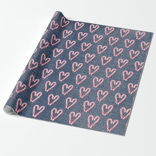 Candy Cane Hearts op Denim Cadeaupapier (Uitgerold)