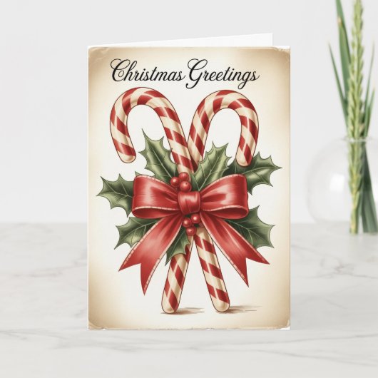 Candy Cane & Holly Bow Christmas Kaart (Voorkant)