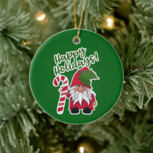 Candy Cane Holly Gnome Prettige feestdagen! Keramisch Ornament