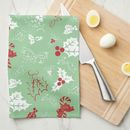 Candy Cane Holly | Holiday Kitchen Towel Theedoek (Quarter Fold)