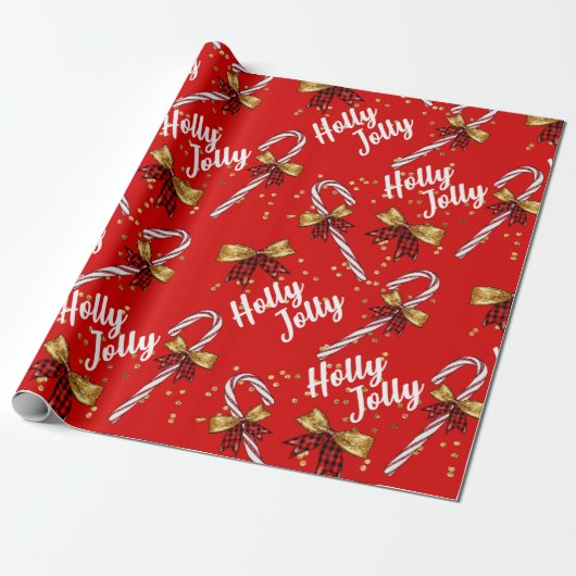 Candy Cane Holly Jolly Christmas Gift Wrap Cadeaupapier (Uitgerold)
