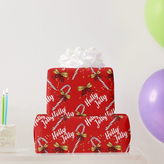 Candy Cane Holly Jolly Modern Festive Kerstmis Cadeaupapier (Feestgeschenken)