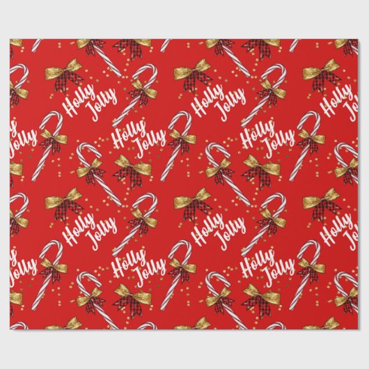 Candy Cane Holly Jolly Modern Festive Kerstmis Cadeaupapier (Vlak)