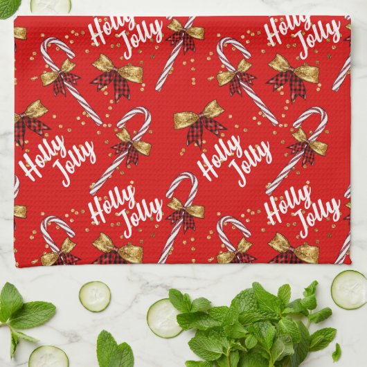 Candy Cane Holly Jolly Modern Festive Kerstmis Theedoek (Gevouwen)