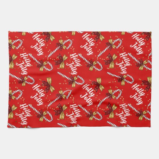 Candy Cane Holly Jolly Modern Festive Kerstmis Theedoek (Horizontaal)