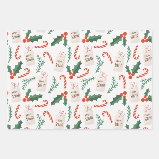 Candy Cane Holly Pattern Cute Holiday Kerstmis Inpakpapier Vel (Voorkant)