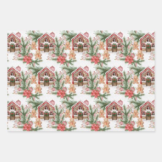 Candy Cane House Gingerbread Man Poinsettia Inpakpapier Vel (Voorkant)