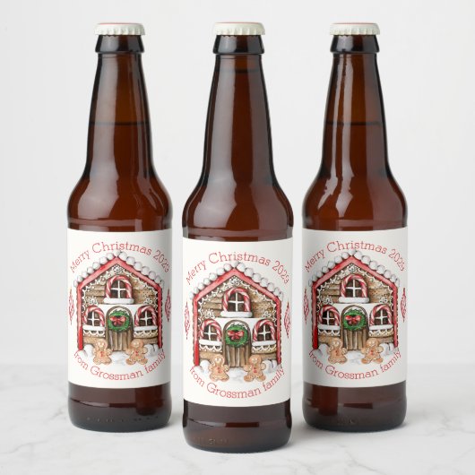 Candy cane huis, peperkoek man, vrouw kerst bier etiket (Flessen)