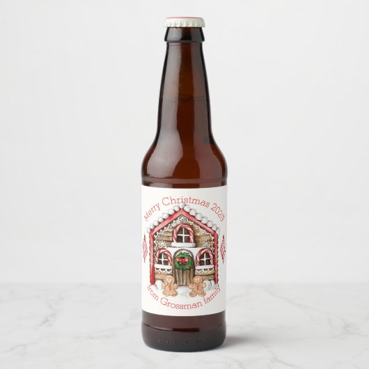 Candy cane huis, peperkoek man, vrouw kerst bier etiket (Voorkant)