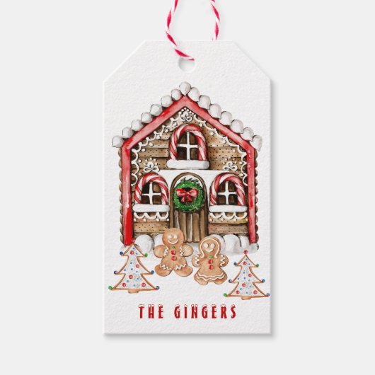 Candy cane huis, peperkoek mensen kerst cadeaulabel (Voorkant)