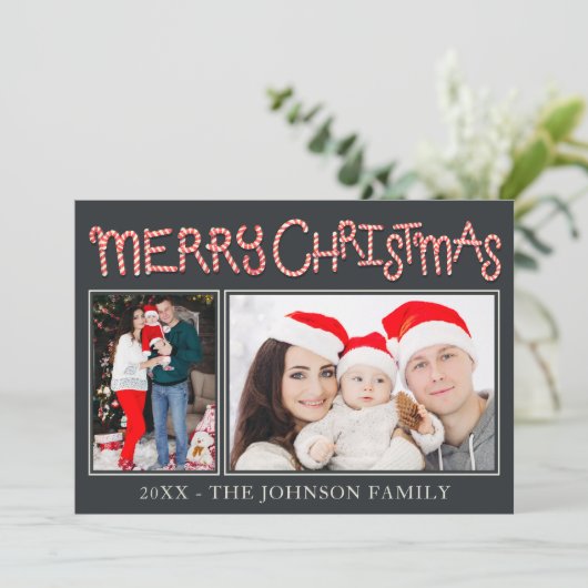 Candy Cane Merry Christmas 2-fotokaart Feestdagenkaart (Staand voorkant)