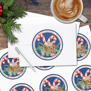 Candy Cane Merry Christmas Ronde Sticker (blauw)