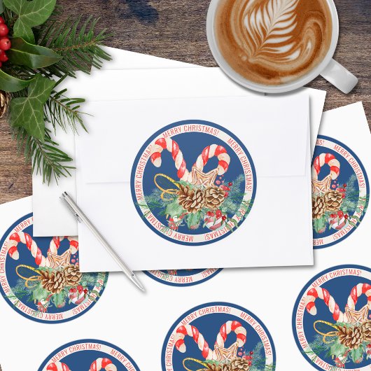 Candy Cane Merry Christmas Ronde Sticker (blauw)