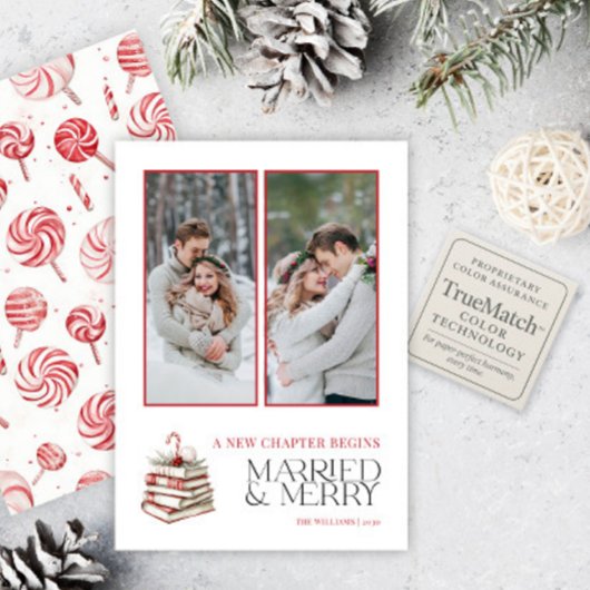Candy Cane Merry & Married 2 Foto Pas getrouwd Feestdagenkaart