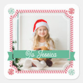 Candy Cane met Candy Cane met eigen foto- en naamc Vierkante Sticker (Voorkant)