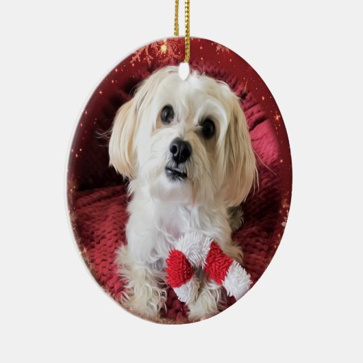 Candy Cane Morkie Dog Round-kerstversiering Keramisch Ornament (Rechts)