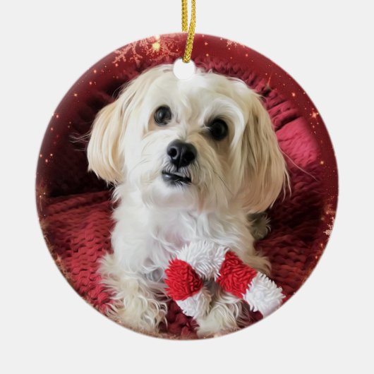 Candy Cane Morkie Dog Round-kerstversiering Keramisch Ornament (Voorkant)