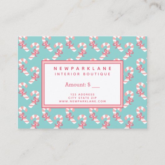 Candy Cane Pattern Blauwgroen kerstcadeaubon Visitekaartje (Achterkant)