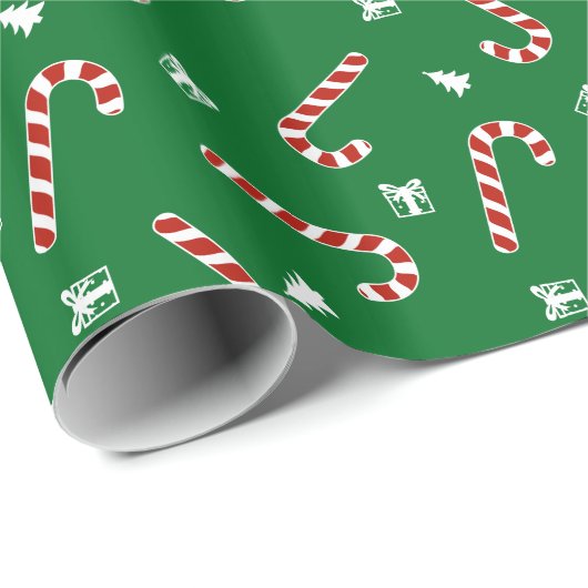 Candy Cane Pattern on Green Background Cadeaupapier (Rol Hoek)