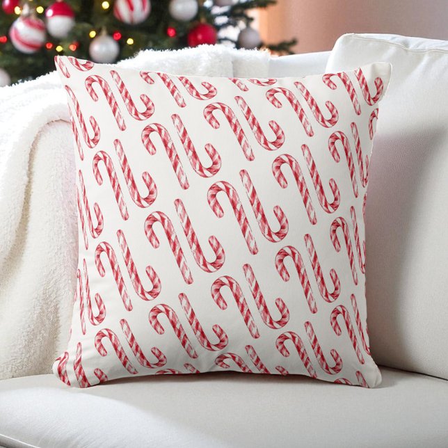 Candy Cane Pattern Rood Wit Waterverf Kerst Kussen (Candy Cane Pattern Red White Watercolor Chrismas Throw Pillow)