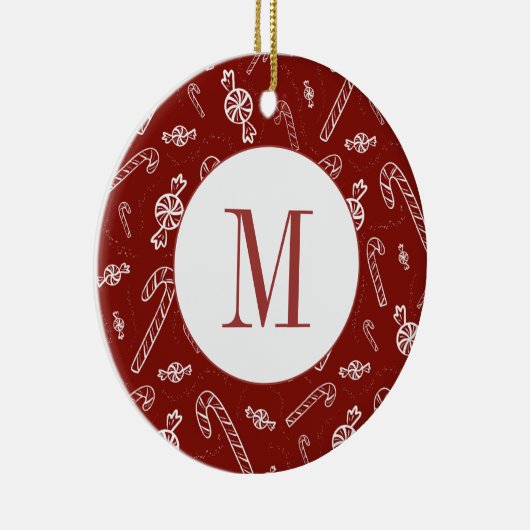 Candy Cane Peppermint Initiaal Monogram Kerst Keramisch Ornament (Rechts)